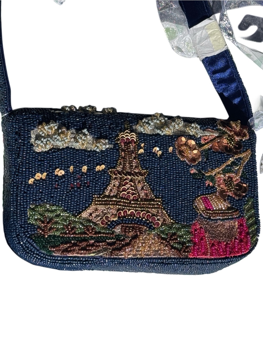 NWT Navy Blue Beaded Paris Eiffel Tower Shoulder Bag
